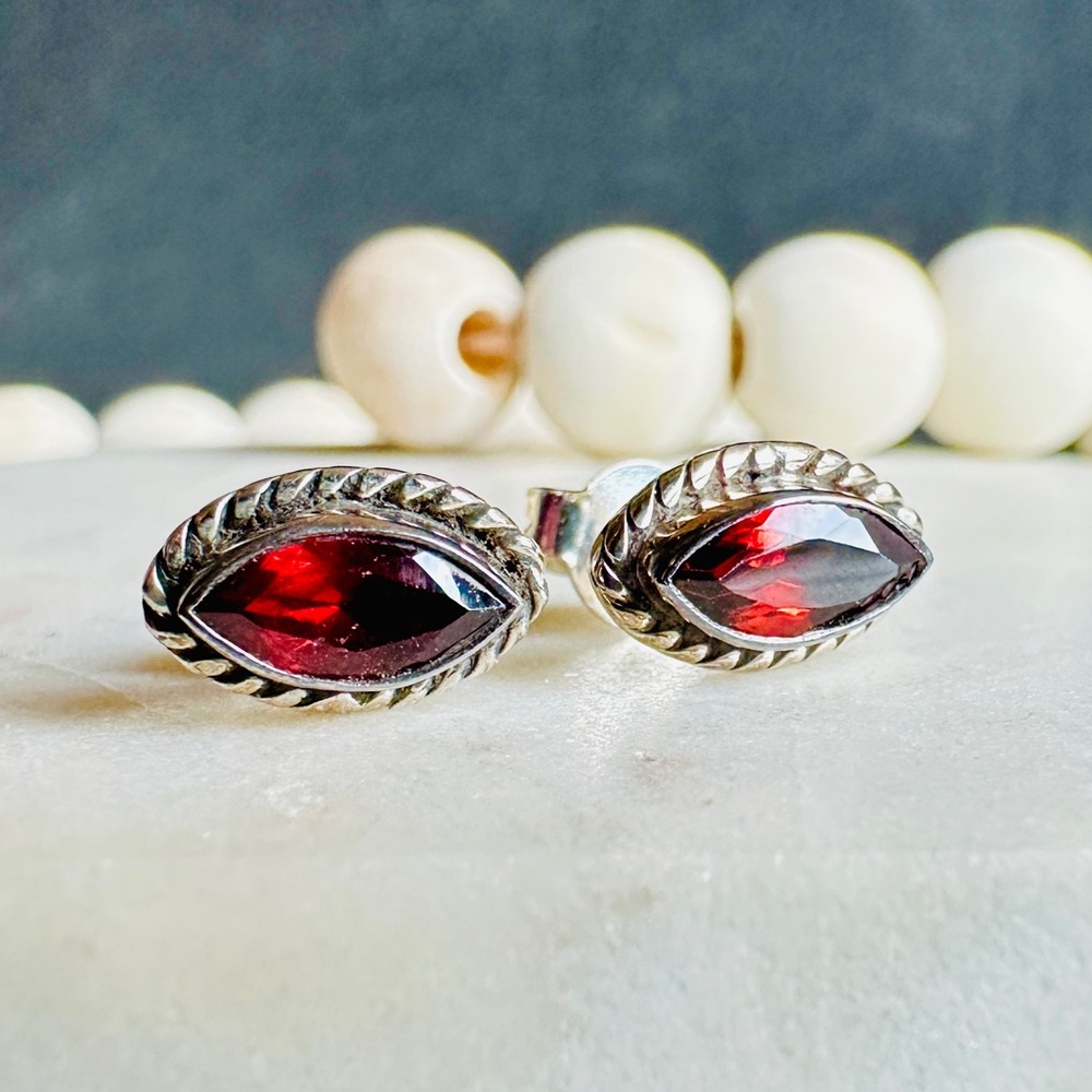 Real Garnet Stud Earrings Sterling Silver